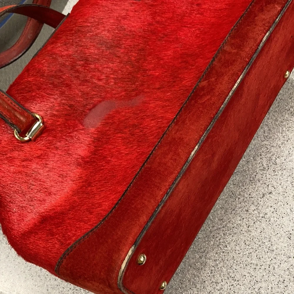 RARE KORET Lg DOCTORS SATCHEL/train case- red calf hair, leather & gold hardware